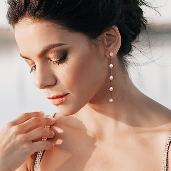 4" Long Baroque Pearl Gold Chain Earrings Bridal Bride Chains Faux Pearls New - Picture 2 of 4